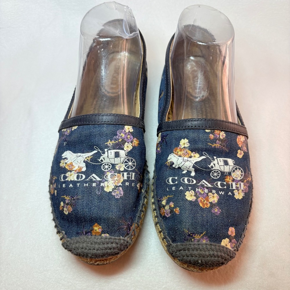 Coach Carissa Floral Denim Espadrille Flats Blue Horse Carriage Logo Womens 7